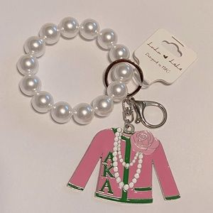 Silver AKA Pink and Green Cardigan Sweater with Pearls Keychain and Purse Charm